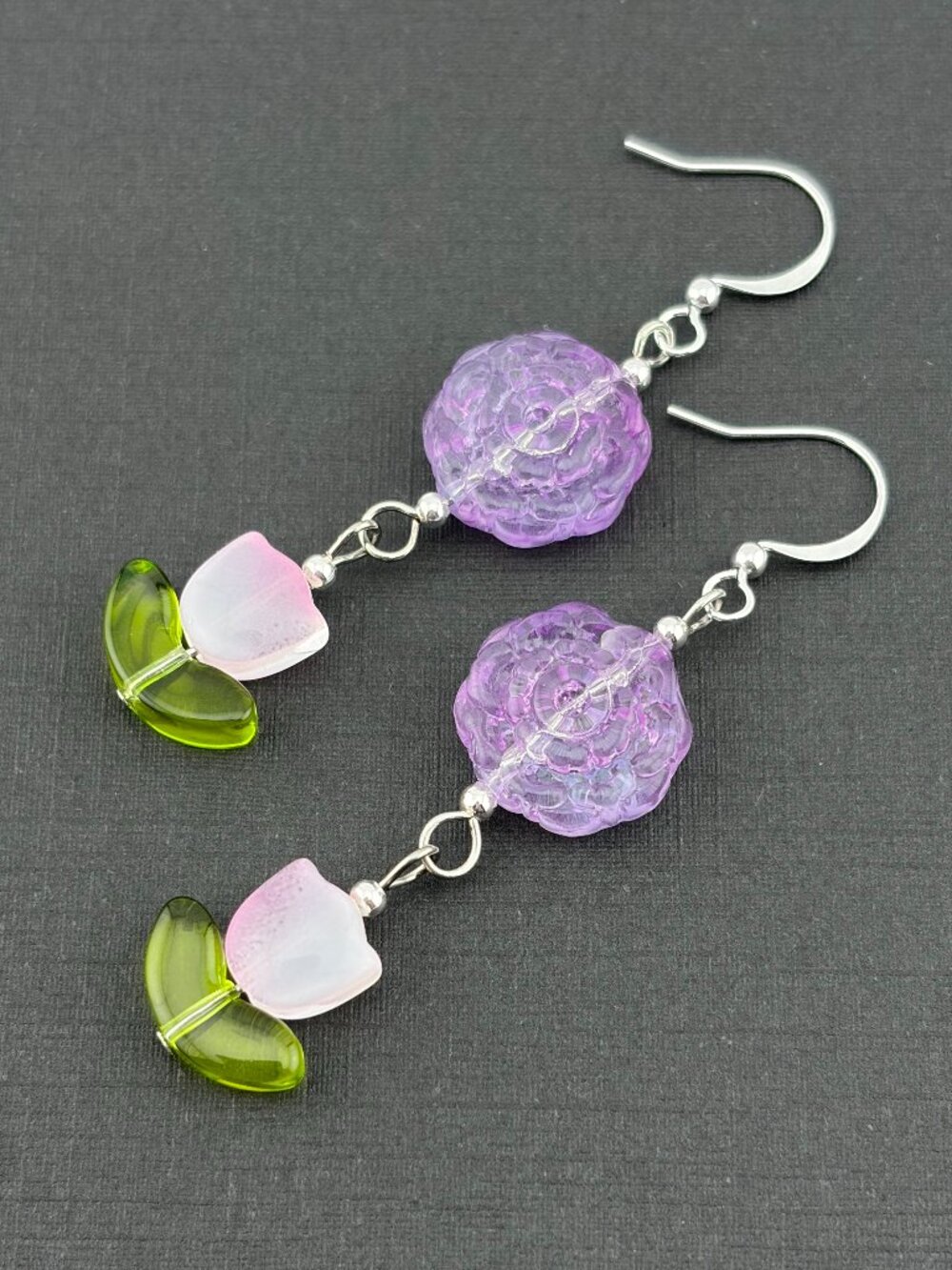 Pink Tulip Lavender Flower Spring Fresh Handcrafted Earrings LR250